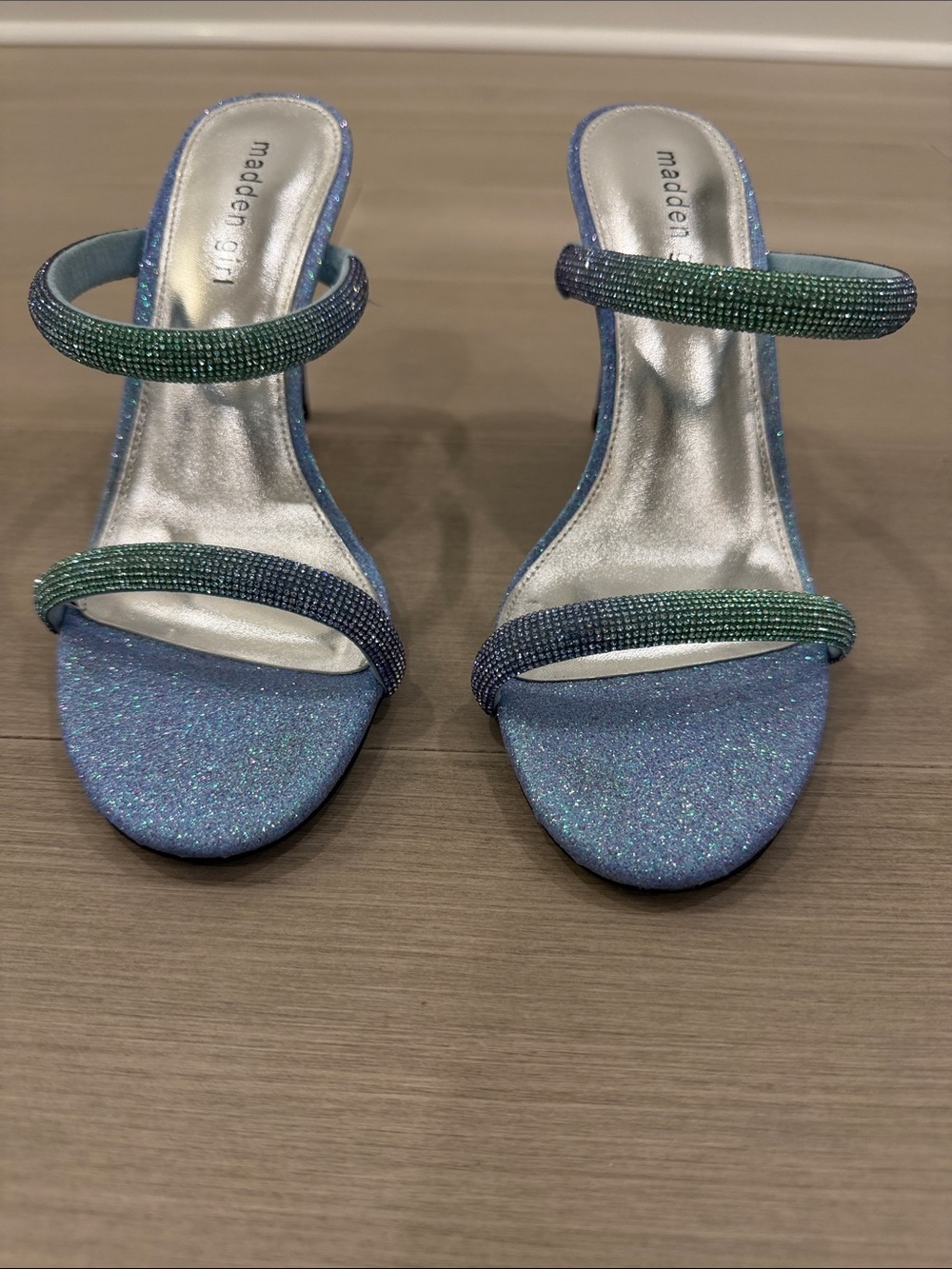 Madden Girl Blue Multi Glitter Double-Strap Slide Heels with 3.5 inch heel.